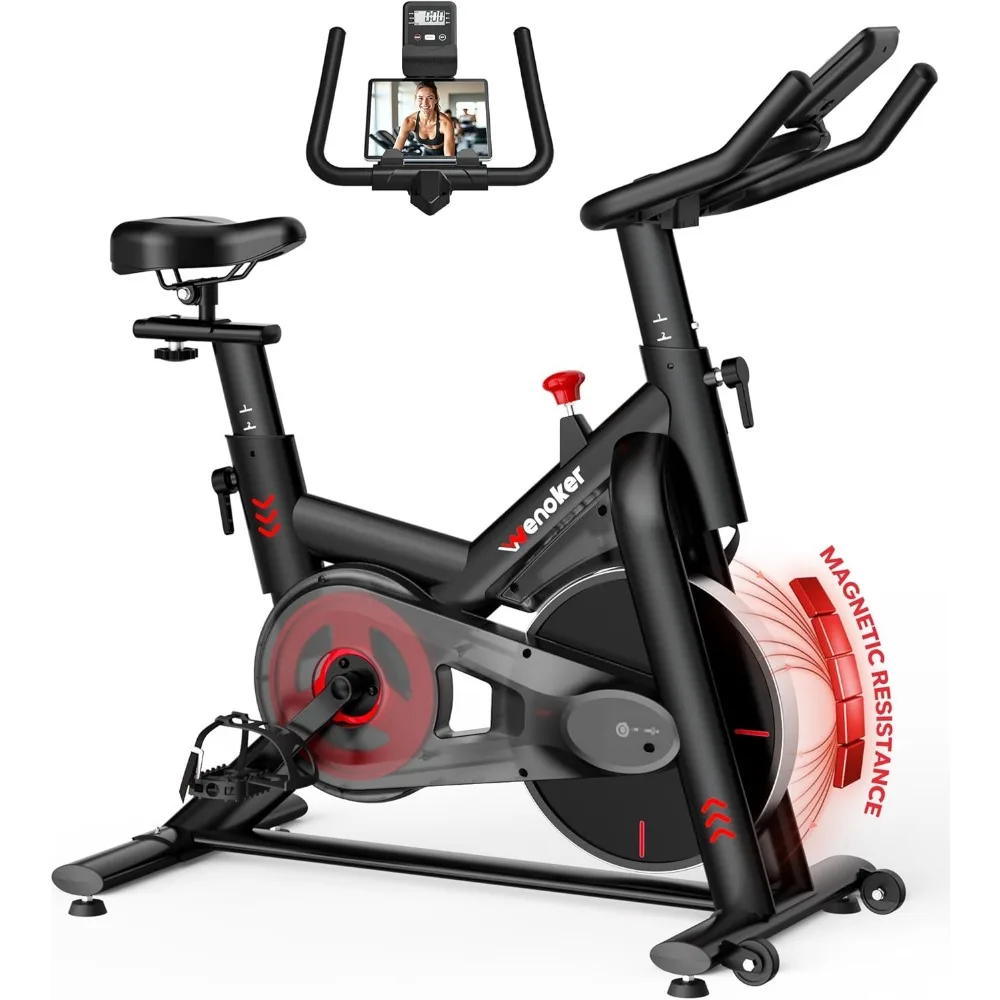 

Heavy Duty Magnetic Indoor Cycle with Silent Belt LCD Monitor Adjustable Seat App Compatible for Home Cardio