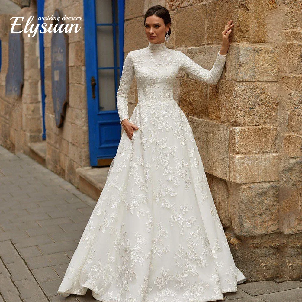 

Индивидуальные мусульманские свадебные платья с высоким воротом, длинными рукавами, расшитые пайетками и кружевом, А-силуэт, со шлейфом, свадебное платье Vestidos De Noiva