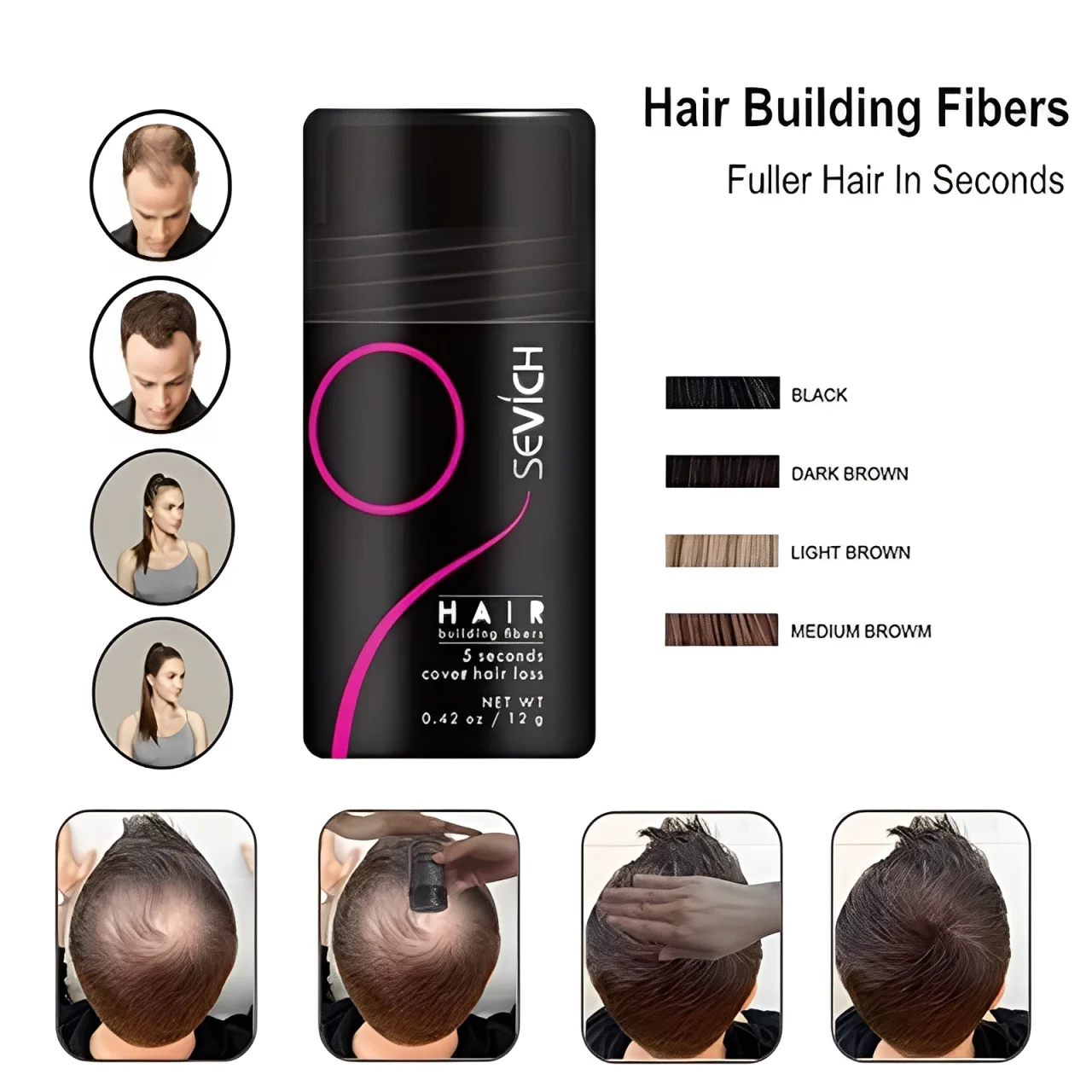 Sevich 12g Hair Fibers Instantly Hair Building Fiber Powders Adds Volume Hair Growth Fiber Salon Professional Hair Care Product