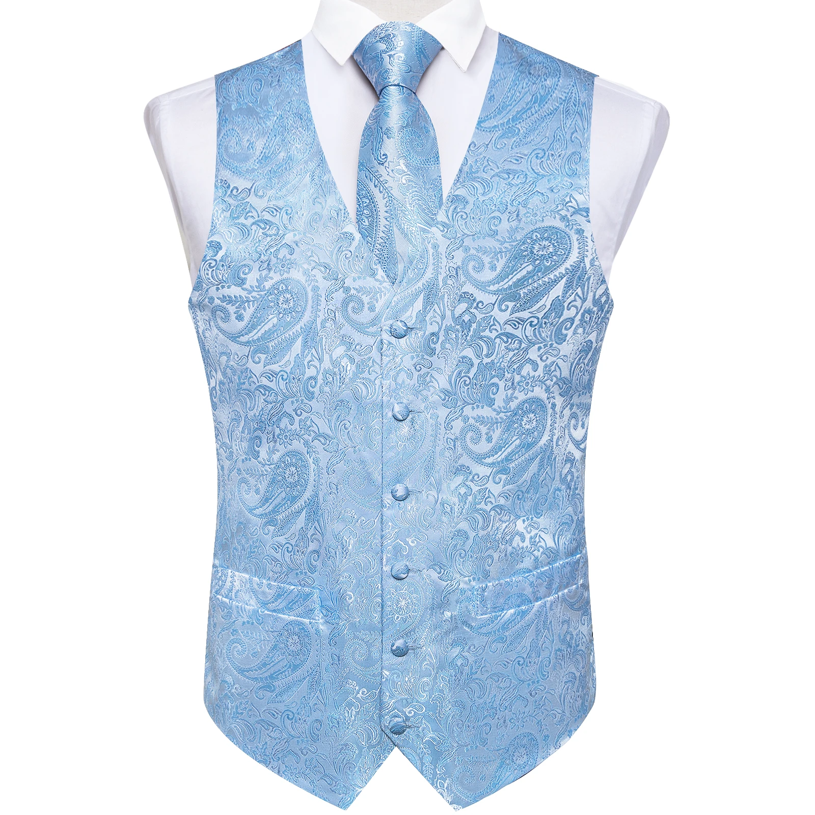 Luxury Paisley Light Blue Men's Vest Necktie Pocket Square Cufflinks Set Chaleco Formal Sleeveless Waistcoat for Man Accessory