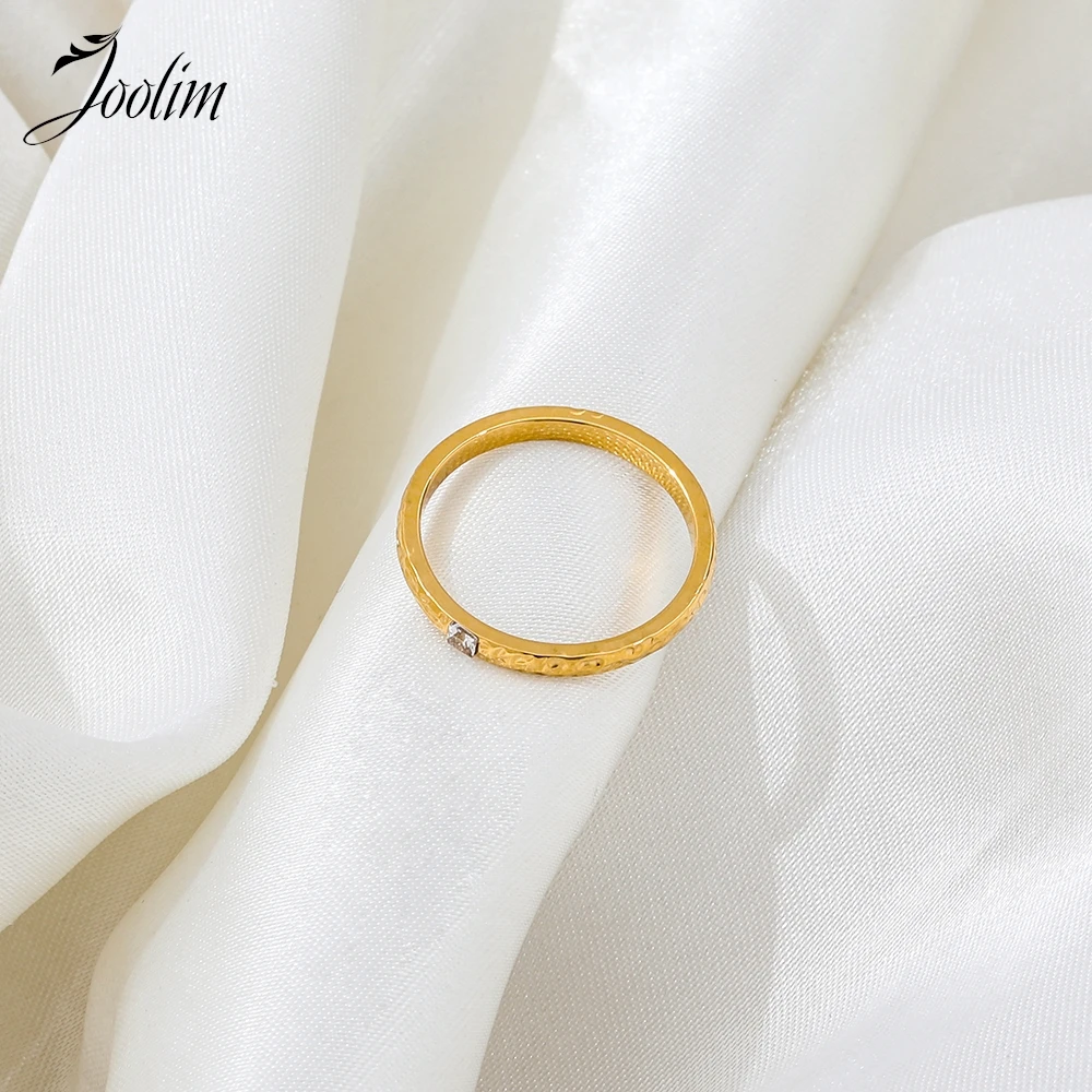 Joolim High End PVD Tarnnish Free Fashion Dainty Hammer Grained Square Zircon Ring for Women Stainless Steel Jewelry Wholesale