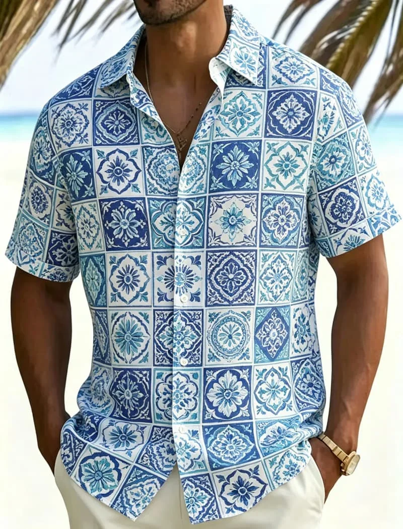 Men's Mediterranean Tile Printed Hawaiian shirt, Elegant Tropical style, Suitable For Holiday Travel And Daily Wear