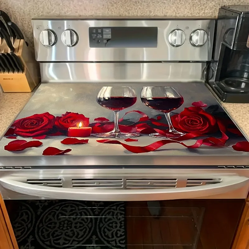 Elegant Rose Wine Candle Stove Top Cover, Waterproof Kitchen Stove Mat, Protective Pad for Gas Range, Luxurious Kitchen Decor