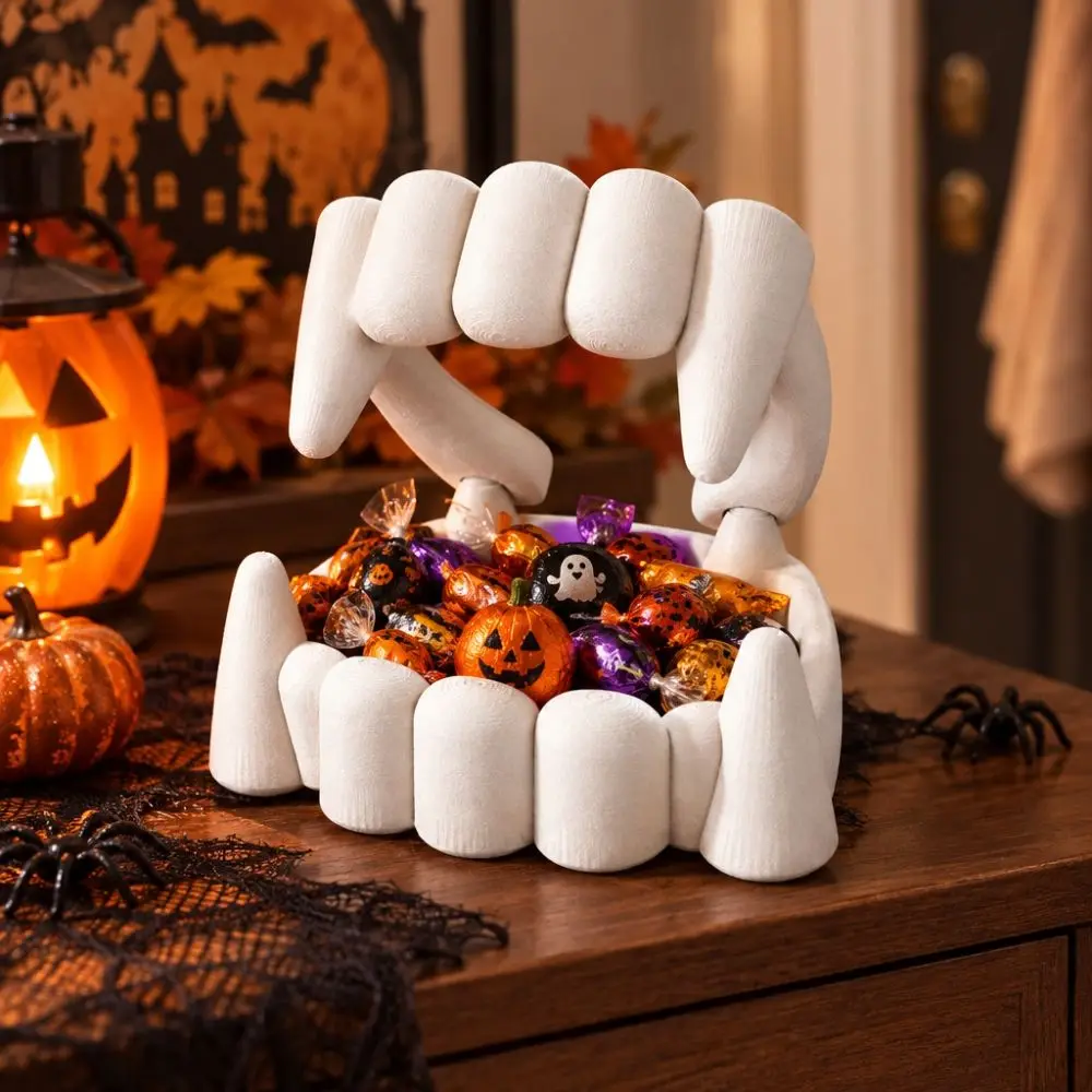 3D Printing Bloodsucker Teeth Candy Bowl White Decorative Halloween Dentures Candy Bowl Plastic Halloween Snack Tray Party