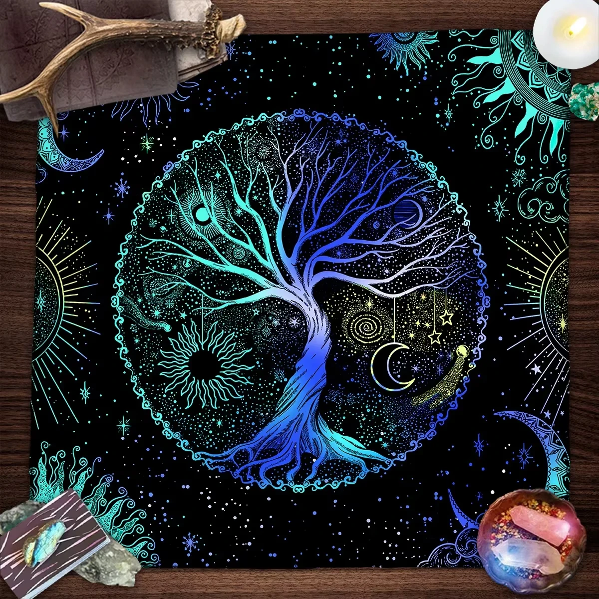 Mantel místico de árbol de la vida azul, tela de Altar, Luna Celestial, estrella, Tarot, almohadilla de adivinación espiritual, ritual esotérico de brujería