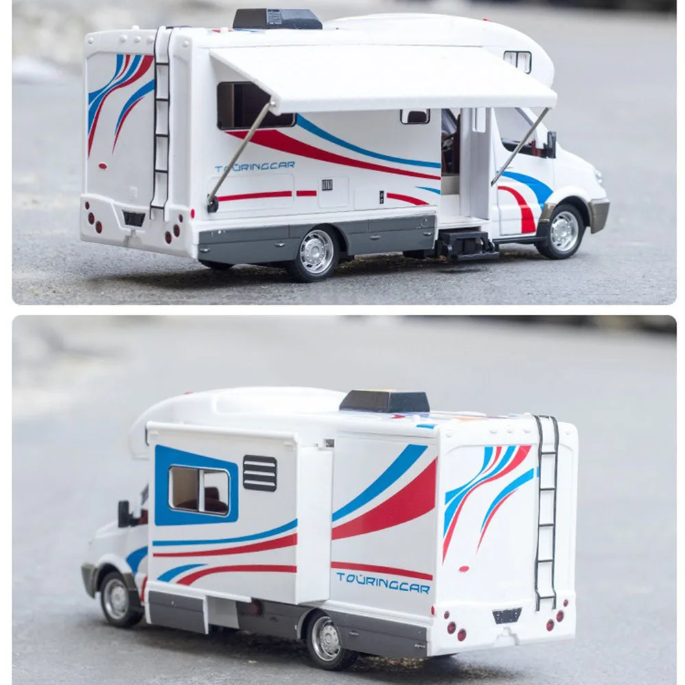 1/32 Tourist RV Alloy Car Model Toy Door Open Rubber Wheels Simulate Interior Pull Back Vehicle Children Birthday Ornament Gifts