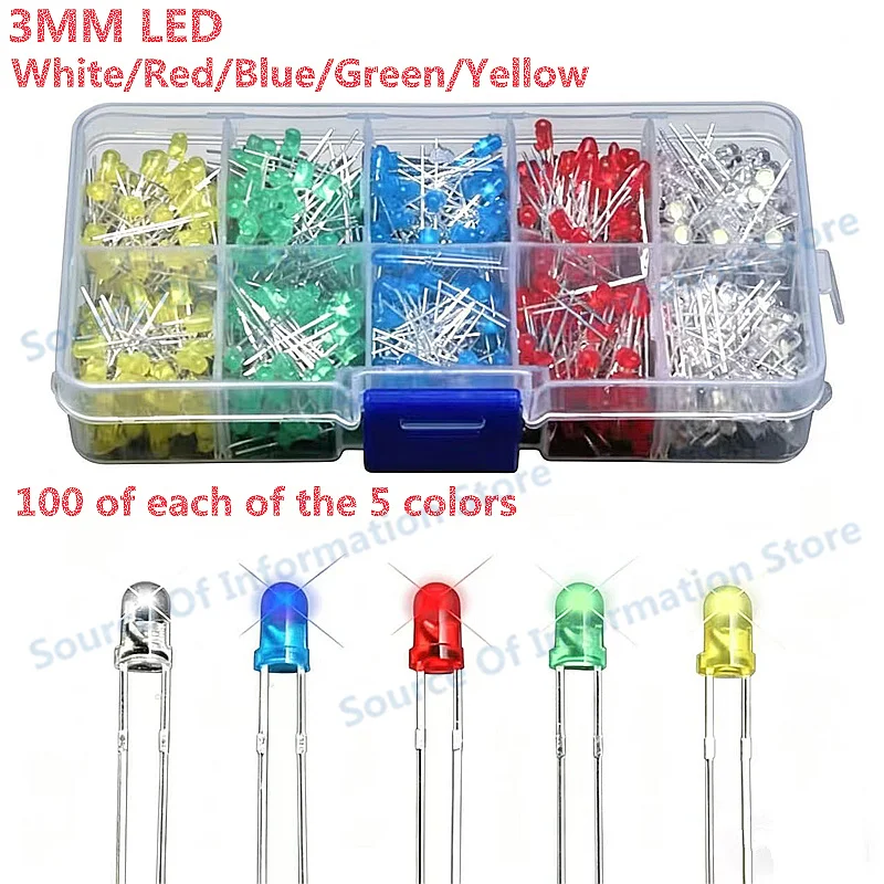 

3mm LEDs: 100 pieces each of 5 colors (white, red, blue, green, and yellow)