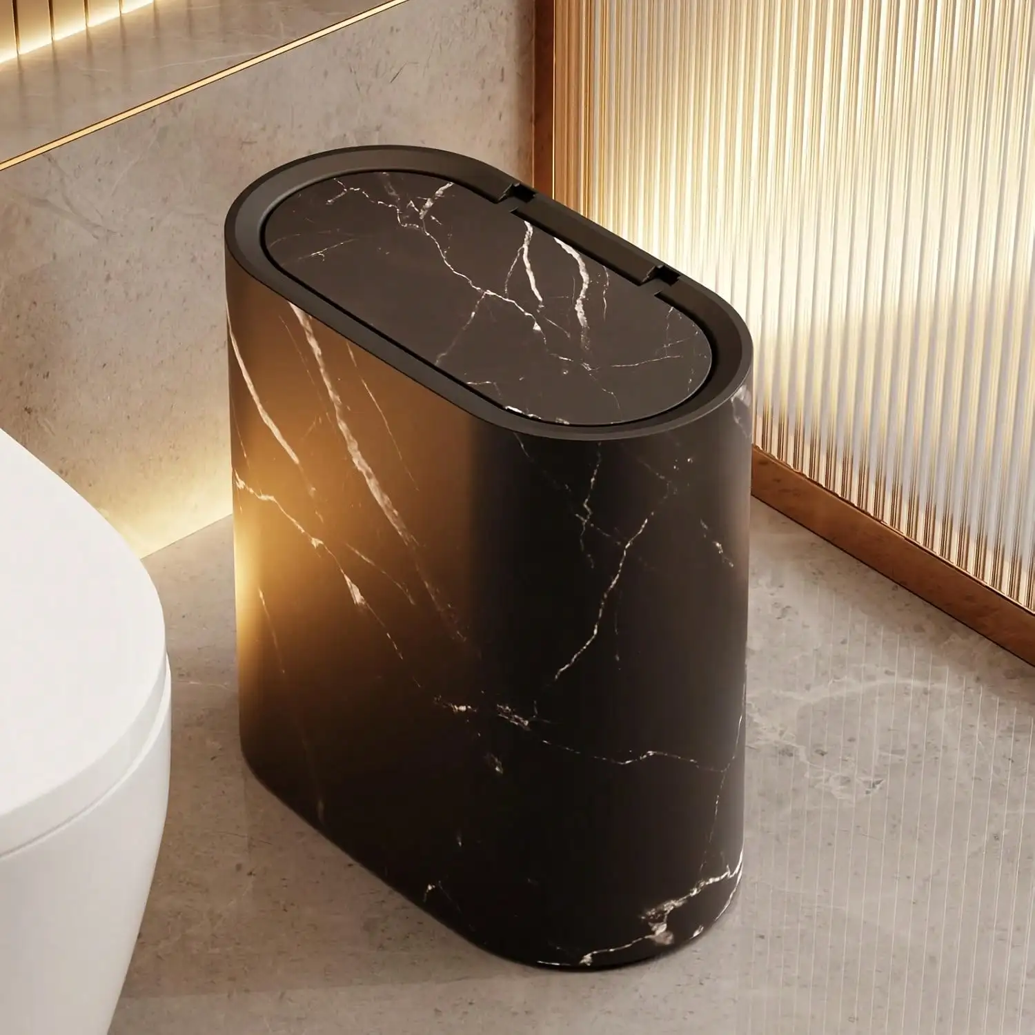 Senmeo 1 Set 3.7-Gallon Double Bucket Trash Cans (Marble & Wood Grain) Odor-Proof Plastic Cans With Handles/Push-On Lids (Kitchen/Bathroom/Living Room Use) sh260701151186247782833