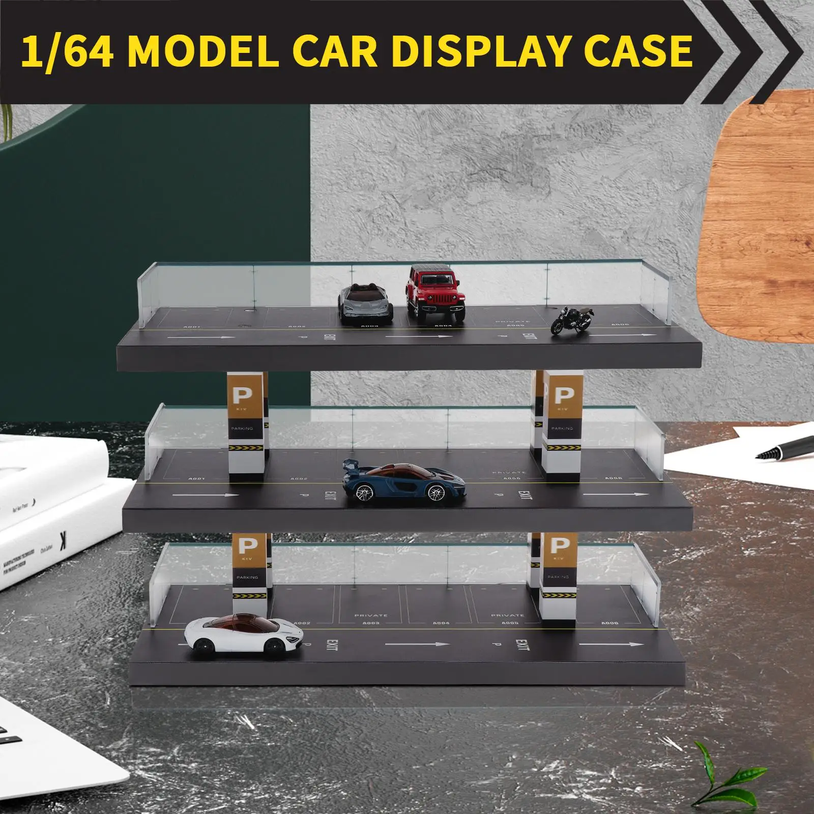 Diorama Car Parking Lot Wood Frame Protection Home Decor, 3 Tiers 1:64 Scale Diecast Vehicle Model Display Case Model Car Garage