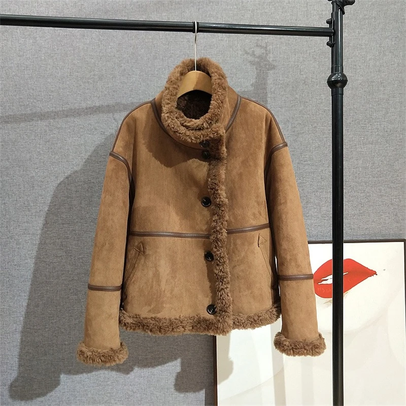 2025 AW Nuovo cappotto di pelliccia di agnello ispessito con velluto scamosciato Lady Sheep Shearling vestibilità ampia da donna CT502