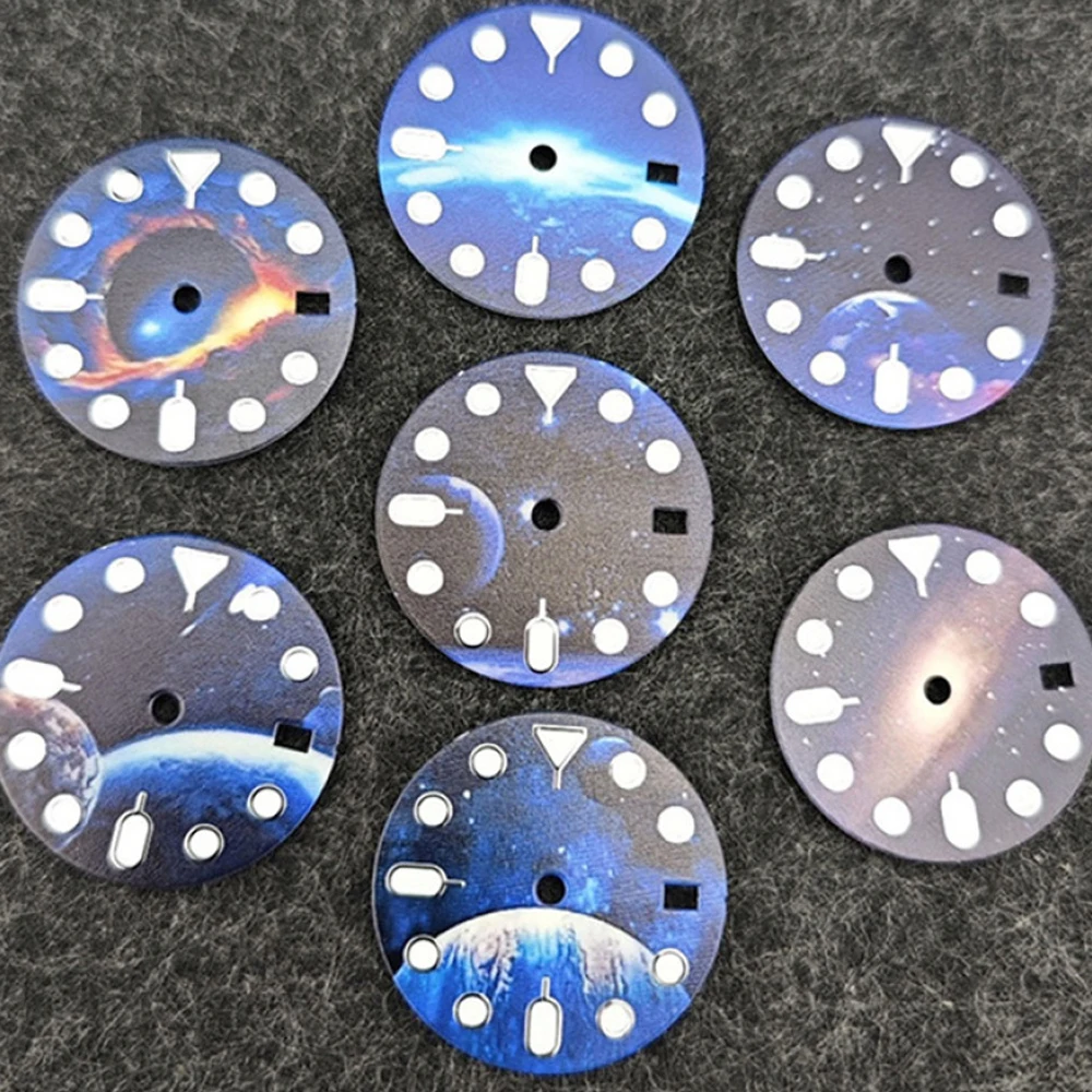 หน้าปัดนาฬิกาขนาด 28.5 มม. ลายท้องฟ้าเต็มดาว สำหรับกลไกนาฬิกา NH35/NH34 หน้าปัดเรืองแสงสีเขียว นาฬิกาแบบปฏิทินเดี่ยว NH35