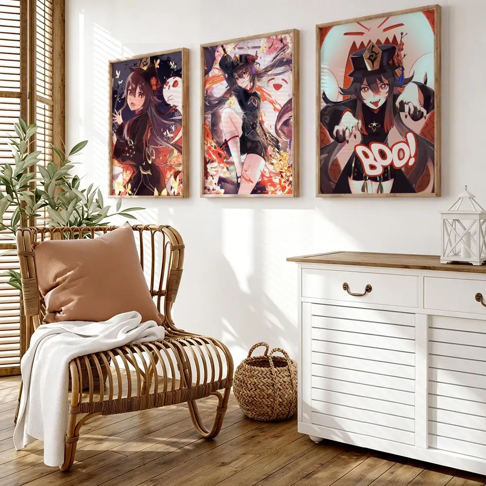 Genshin Impact Hu Tao Poster Wall Stickers HD Painting Self Adhesive Art Decals for Bedroom Living Room Home Decor