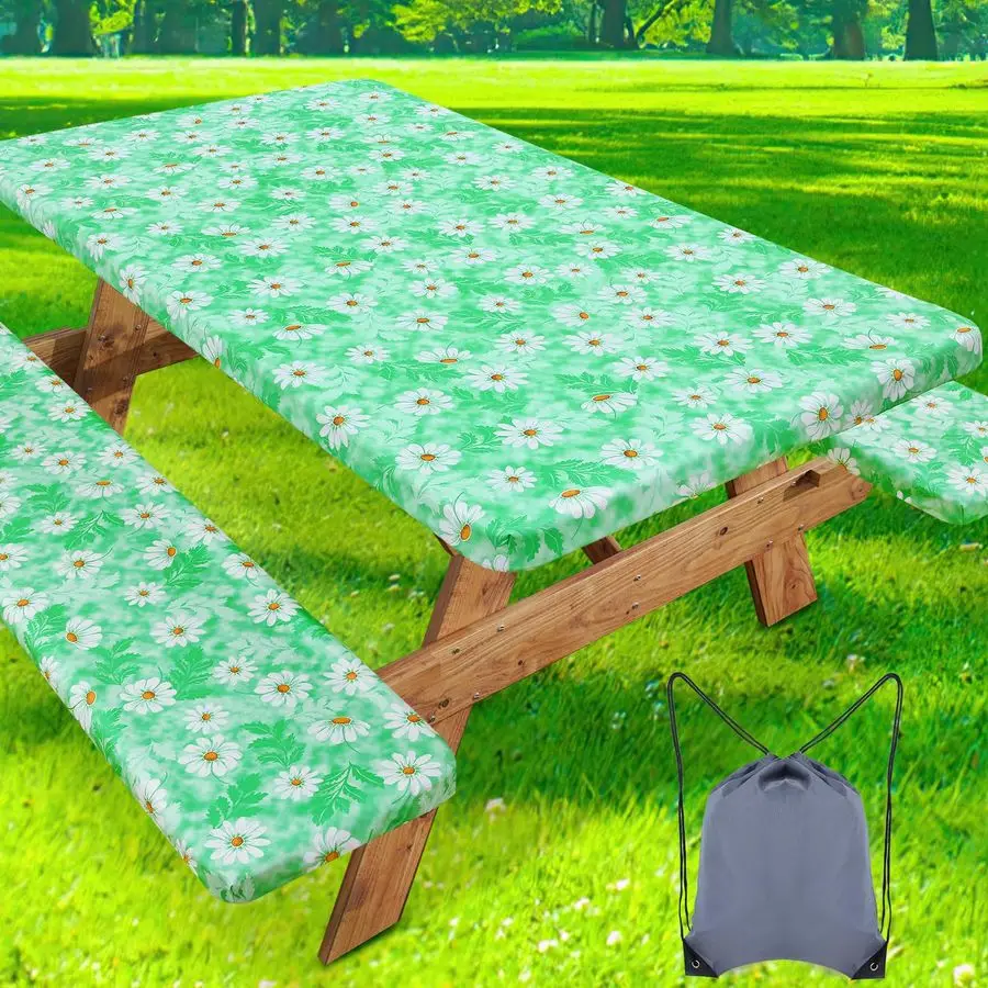 

Чехол для стола для пикника с чехлом для скамьи, водонепроницаемая эластичная скатерть для столов длиной 6 футов, прямоугольная моющаяся скатерть из полиэстера.