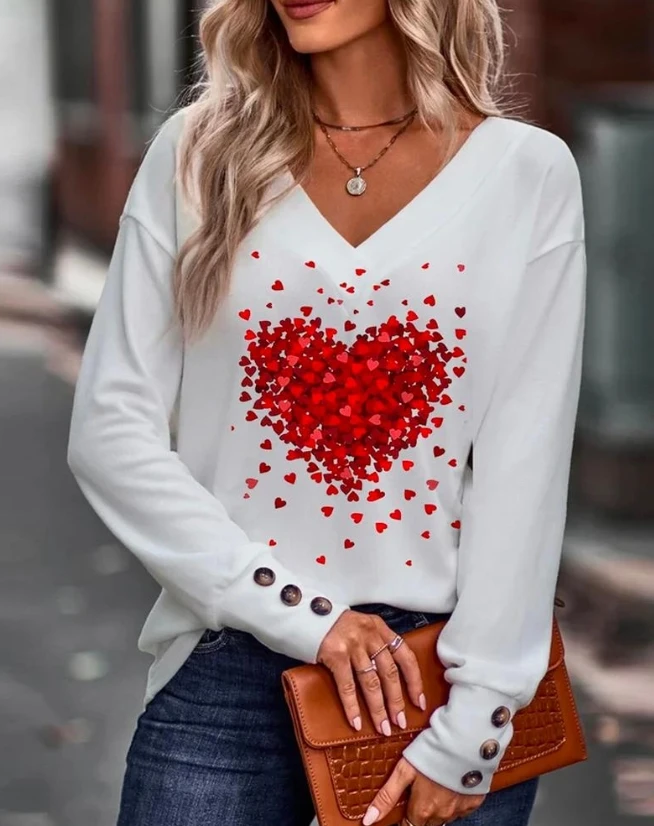 

Valentine's Day Love Print V-Neck White Long Sleeved Button Design Summer Leisure Commuting Fashion Versatile Women's Top