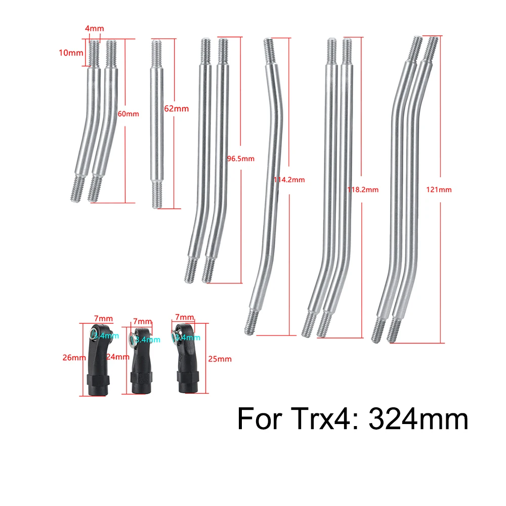 AXSPEED Stainless Steel Links with Rod Ends 313/324mm Suspension Linkage for 1/10 Axial SCX10 II 90046 TRX4 RC Crawler Car Parts