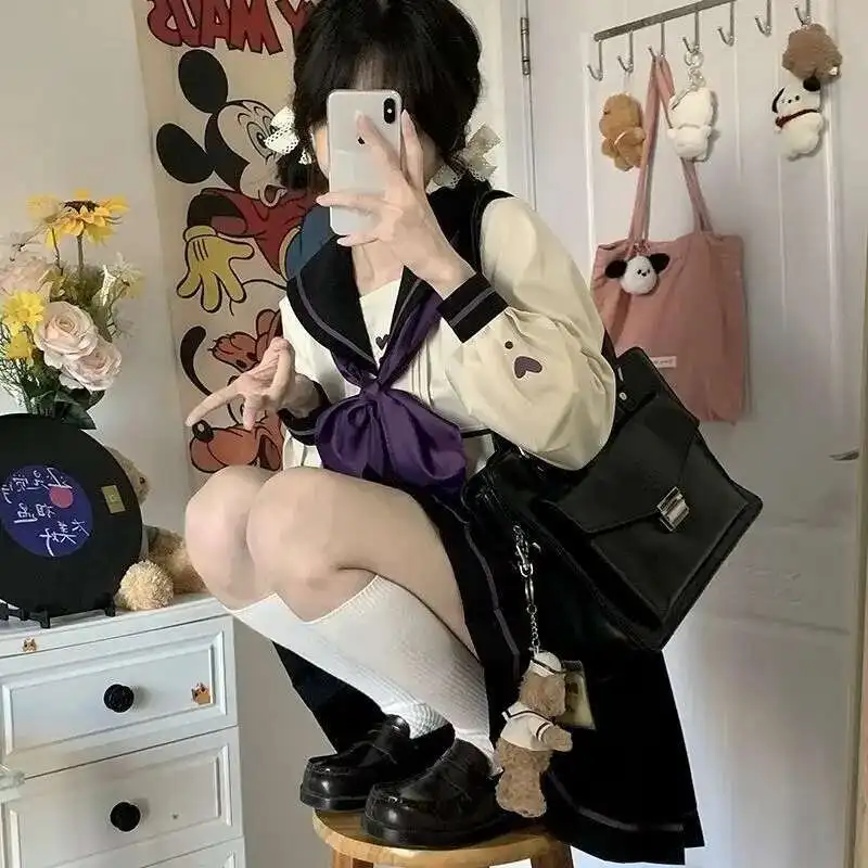 

Японский кампусный стиль, длинный короткий рукав, матросская форма, юбка, матросский воротник, фиолетовый комплект с галстуком, повседневная милая униформа Kawaii Jk для девочек