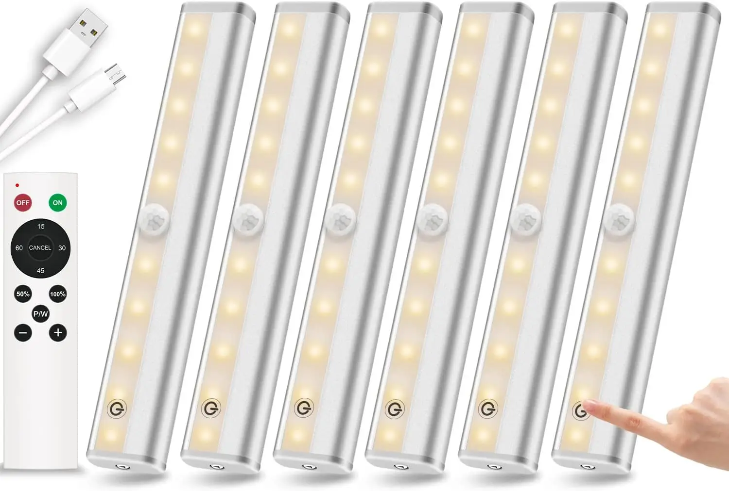 

6-Pack Dimmable Under Cabinet Lights, 20-LED Rechargeable, 3 Colors, Remote & Touch Control