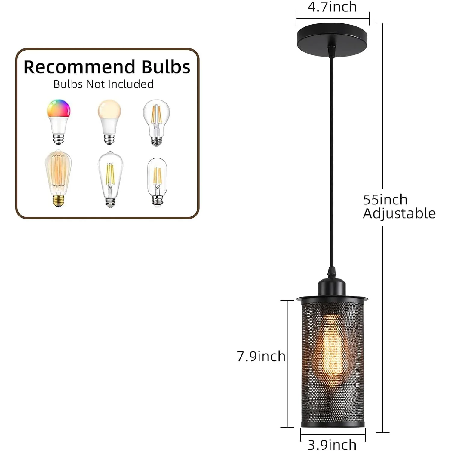 Black Modern Hanging Light for Kitchen Island Adjustable Industrial Pendant Lights Farmhouse Mesh Cage Hanging Lights 1 Pack