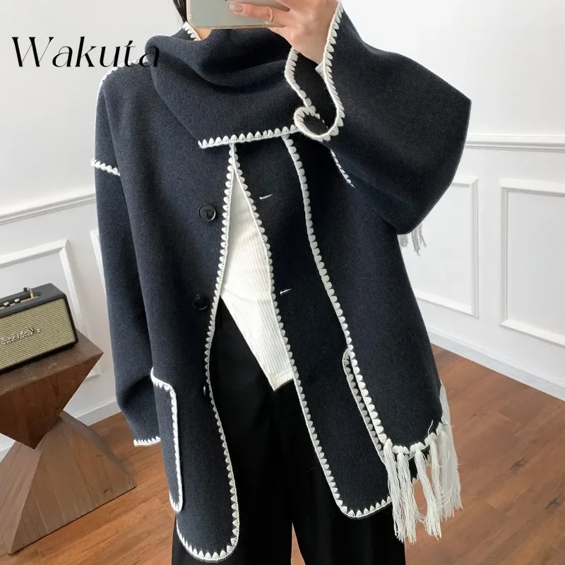 WAKUTA Fashion Fall Scarf Collar Long-sleeved Splicing Short Coat Simple Double-sided Nylon Gray Tassel Loose Embroidery Jackets