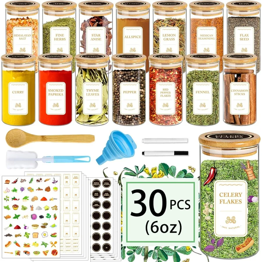 

Spice Jars with Labels 30Pcs 6oz Glass Spice Jars with Bamboo Lids Minimalist Stackable Airtight Spice Containers with 426 labe
