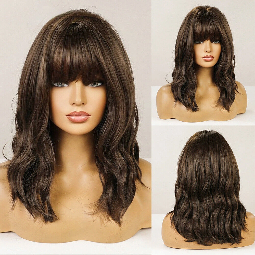 

Black Brown for Women Natural Fluffy Wavy Wig with Bangs for Women