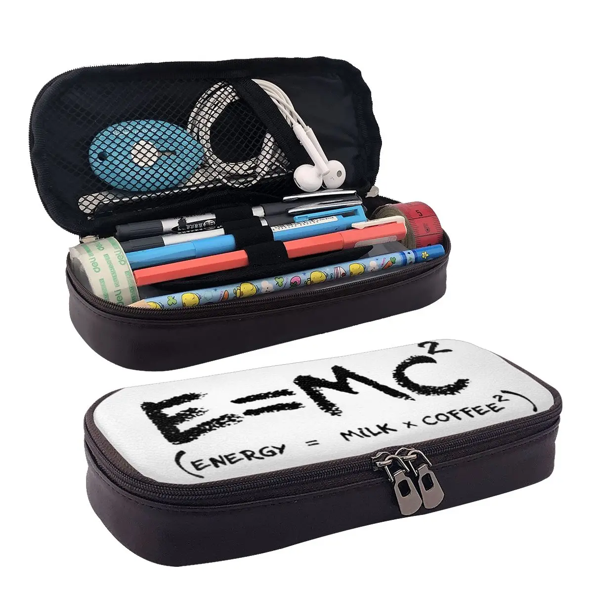 Science E = MC2 Energy Milk Coffee Physics Math Leather Pencil Case for Pen Box Pencil Bag Stationery Supplies Pen Holder Bag