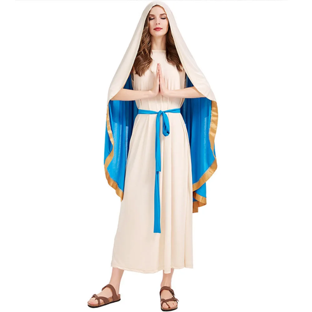 Erwachsene Frauen National Die Jungfrau Maria des alten israelischen Cosplay Kostüme Kleid Kapuzenumhang Gürtel Set Halloween Rollenspiel