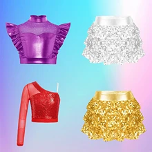 Kids Girls Jazz Hip-hop Dance Outfit Girls Ballet Dance Costumes 2pcs Metallic Ruffle Crop Top + Shiny Sequins Ruffled Culottes