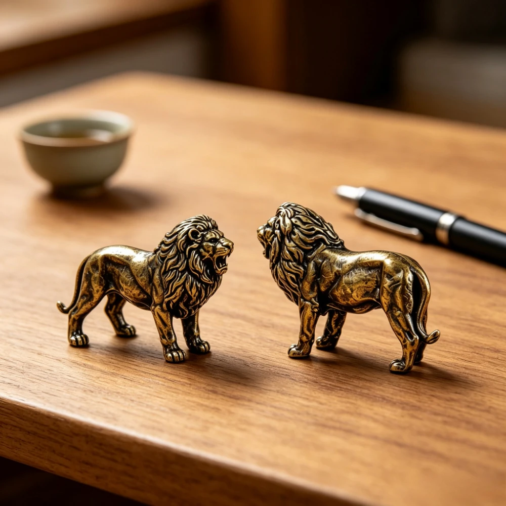 2Pcs Vintage Antique Brass Lion Statues, Facing Pair Art Figurines, Mini Desktop Ornaments for Table, Tea Tray & Entryway Decor