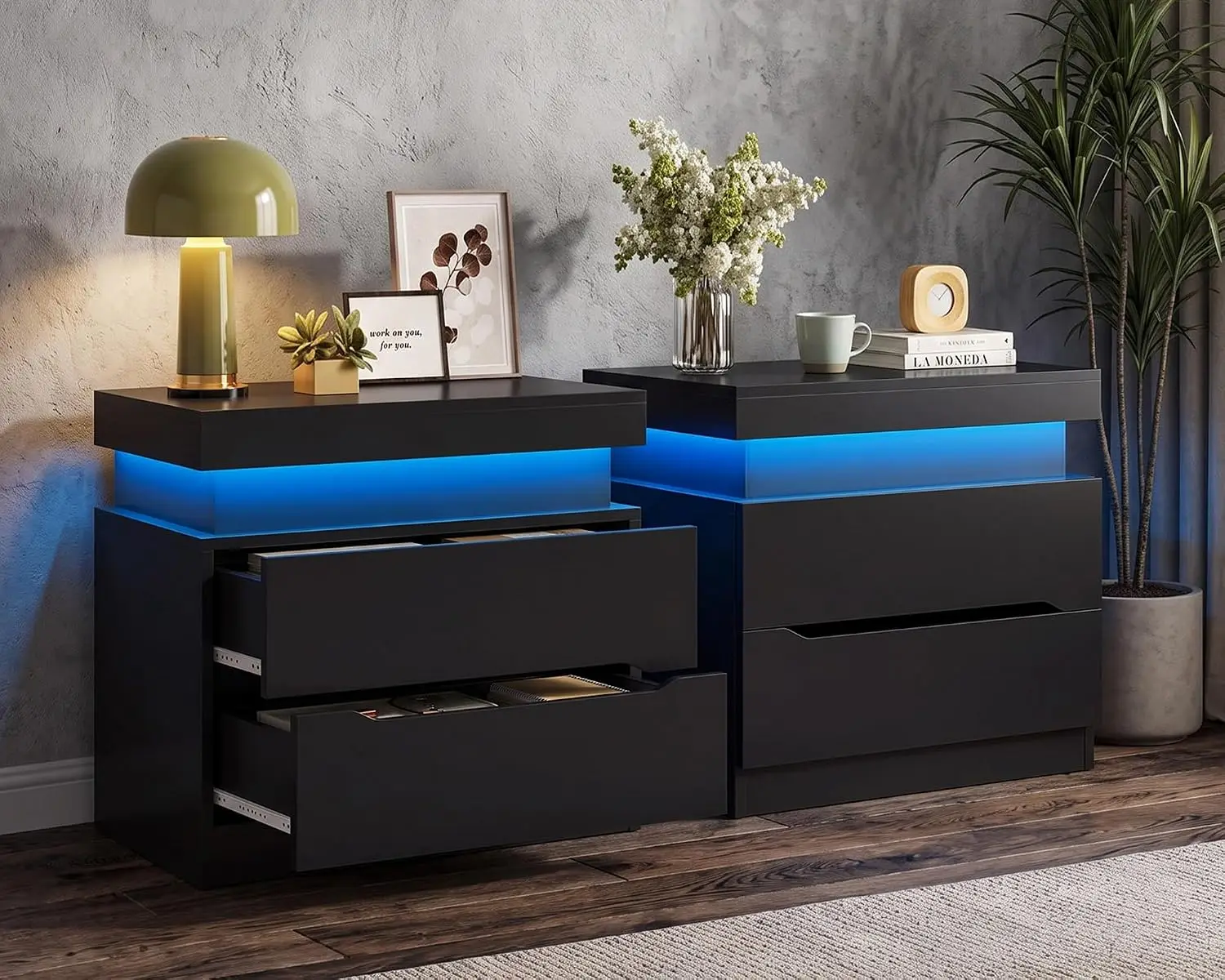 TEENFON Nightstands Set of 2, Night Stand with 2 Drawers, Nightstand with App-Controlled Adjustable LED Light, Bedside Table with Slidable Hidden Storage Space, Modern Nightstands for Bedroom,Black