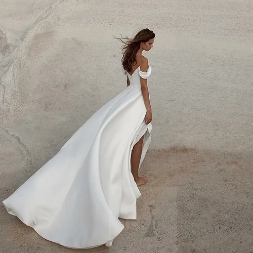 Imagen 2 del producto LORIE-vestidos de novia de satén suave, línea A, sin mangas, con hombros descubiertos, cola larga, vestidos de fiesta de boda personalizados