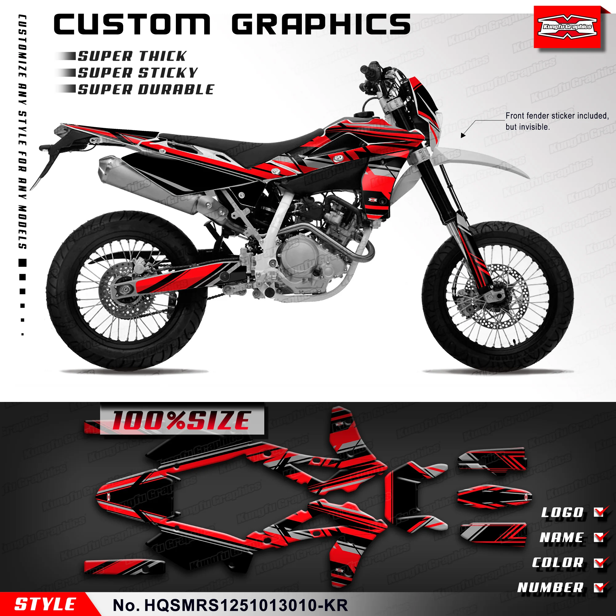 Kungfu Grafische Stickers Uv-Resistent Vinyl Voor Husqvarna Sm Smr Sms 125 2010 2011 2012 2013 Aftermarket, HQSMRS1251013010-KR