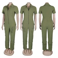 Streetwear Front Zipper Turn-down Collar Cargo Jumpsuit Women Short Sleeve Multiple Pockets One Pieces Romper Casual Overalls - Image 6