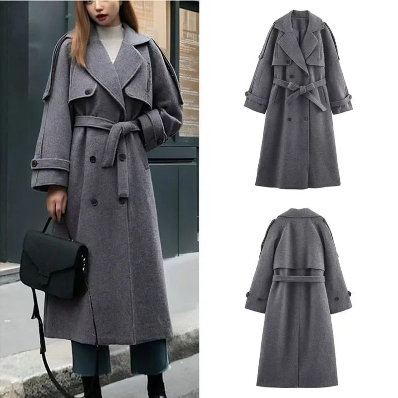 

2025 Winter New Women's Fashion Solid Color Soft Stand Collar Belted Double-Breasted Coat