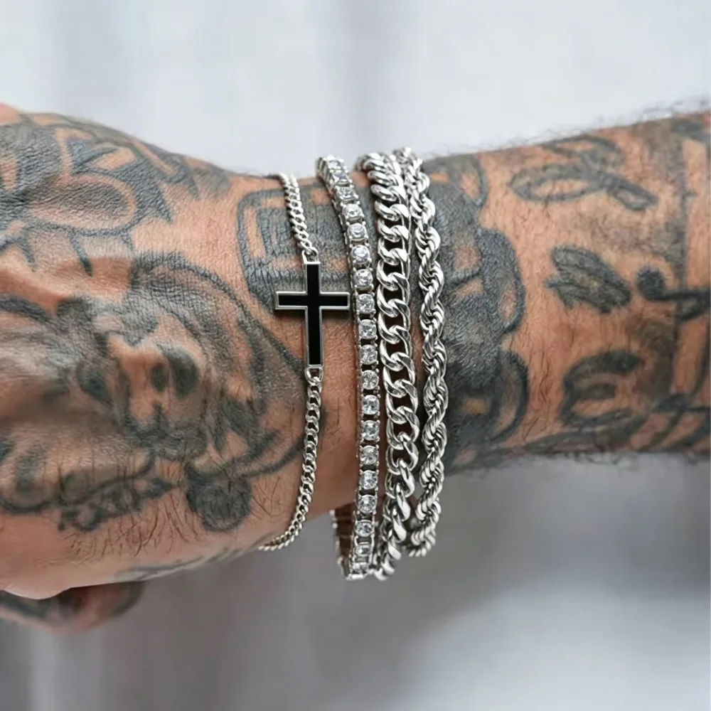 Stainless Steel Cross Chain  4pcs Bracelet Set for Men Women Punk Hiphop Minimalist Zircon Bracelets Daily Wear Party Jewelry