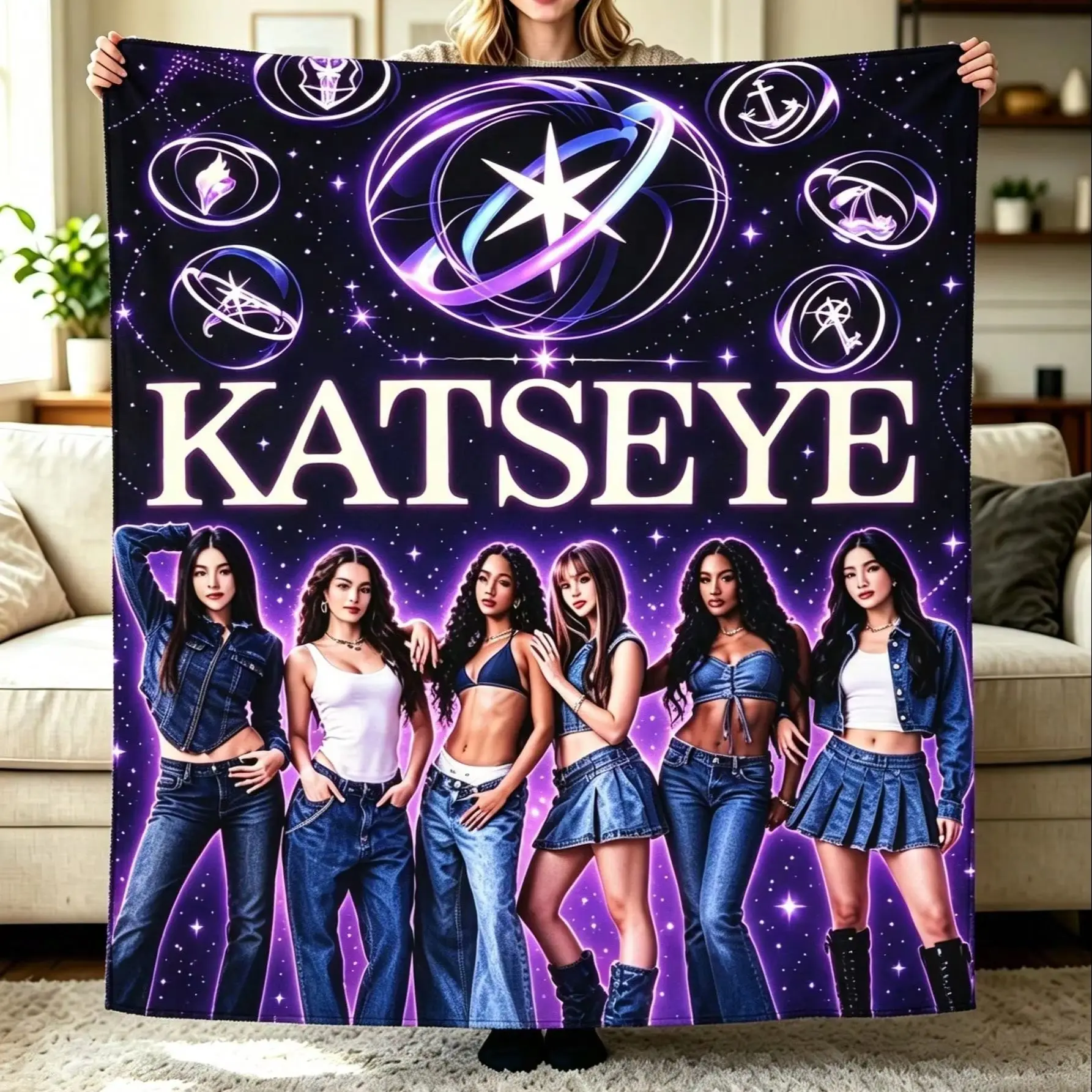 1pc Katseye Print Flannel Blanket Soft Warm Four Season Universal Throw Blanket Holiday Gift for Bedroom Living Room Camping Hom