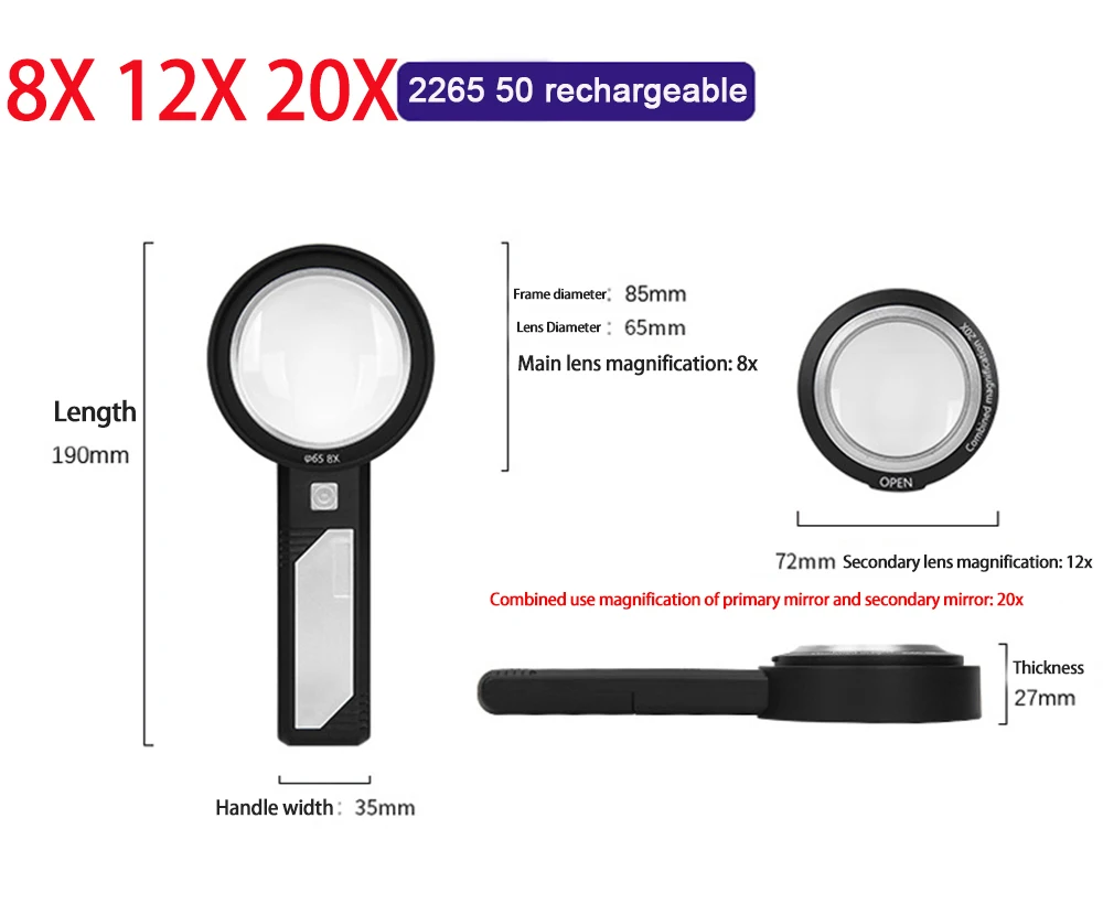 Lighted Magnifying Glass 8X12X 20X Handheld Magnifying with 8 Led Lights Optical Lens Illuminated Magnifier For Reading Repair