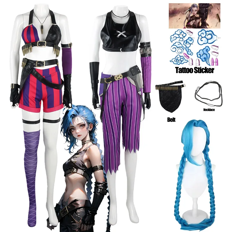 LOL Jinx Cosplay disfraz juego Arcan mujeres Jinx uniforme para fiesta de Halloween Comic Con Jinxx Cospay pelucas tatuaje pegatina