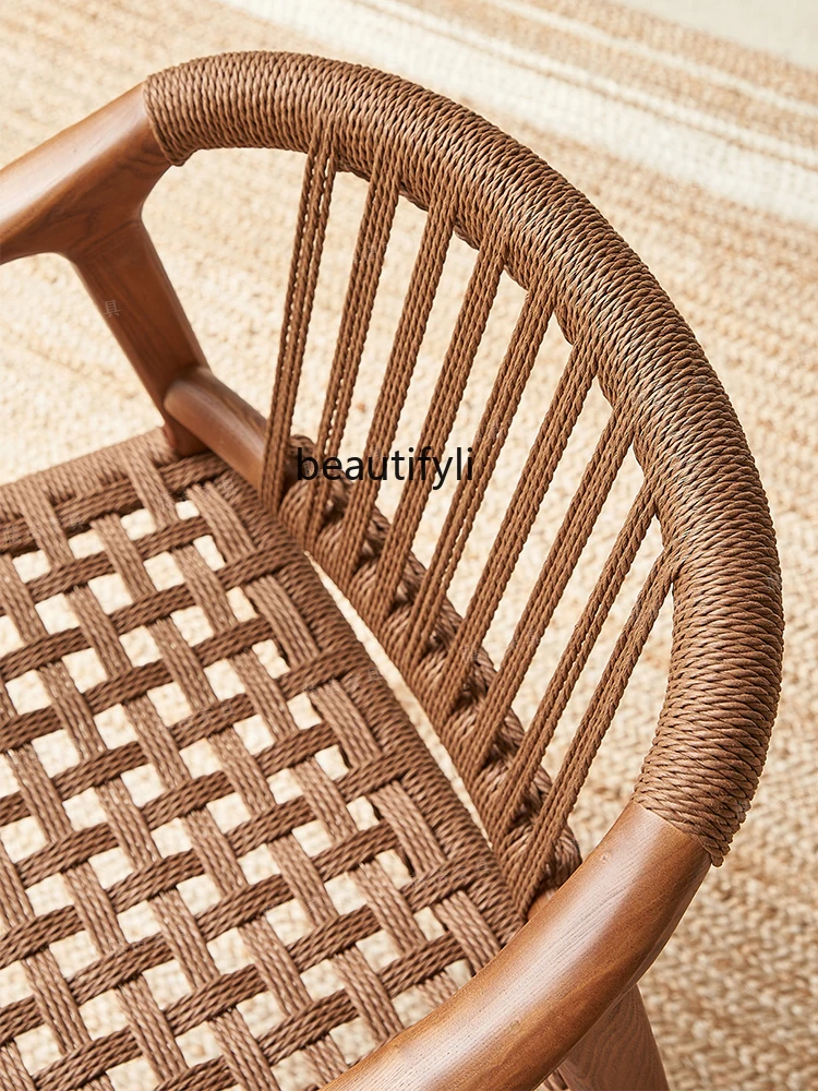 Chinese Style Braid Rope Retro Rattan Chair B & B Real Rattan Mid-Ancient Rattan Backrest Leisure Lazy Bone Chair