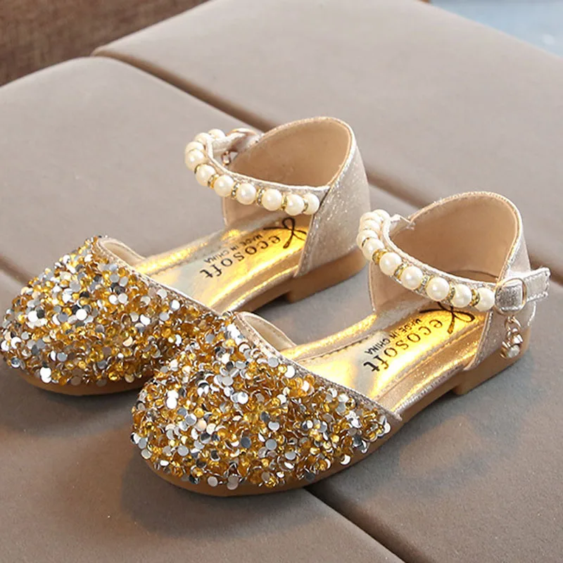 2024 Princess Girls Party Dance Shoes Student Flats Children Pearl Sequin Sandals Kids Performance Grand Event