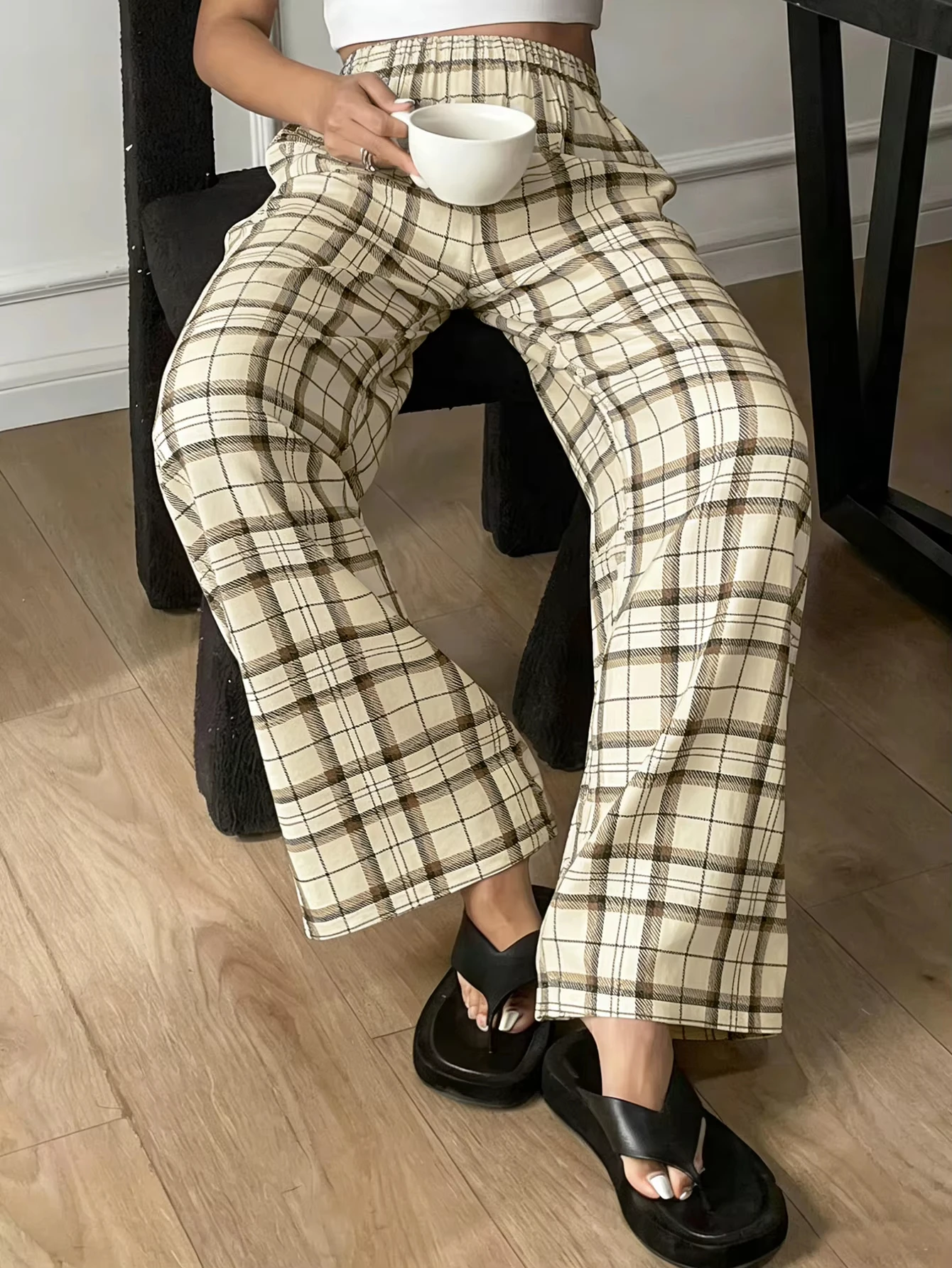 2026 Y2K Casual Quick Dry Loose Wide Leg Trousers Unisex Cream Brown Plaid Print Drawstring Summer Relax Daily Street Long Pants