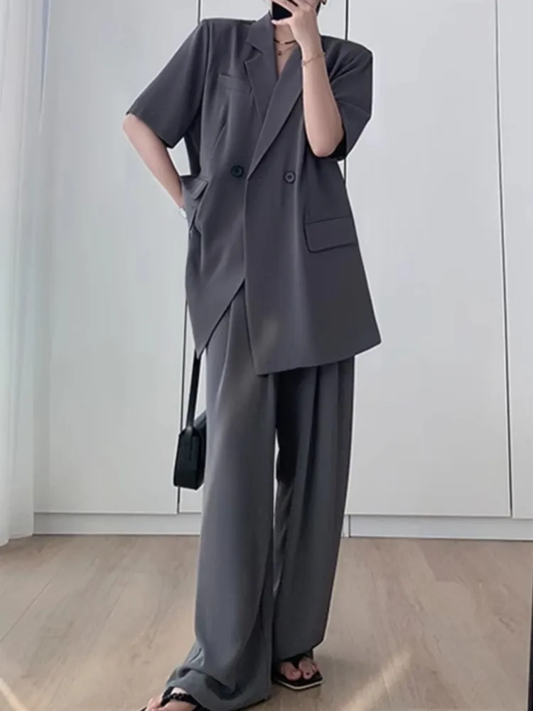 Short Sleeve Wide Leg Pants Blazer Suit Summer New Fashion Work Business Casual Female Clothes Two Piece Set