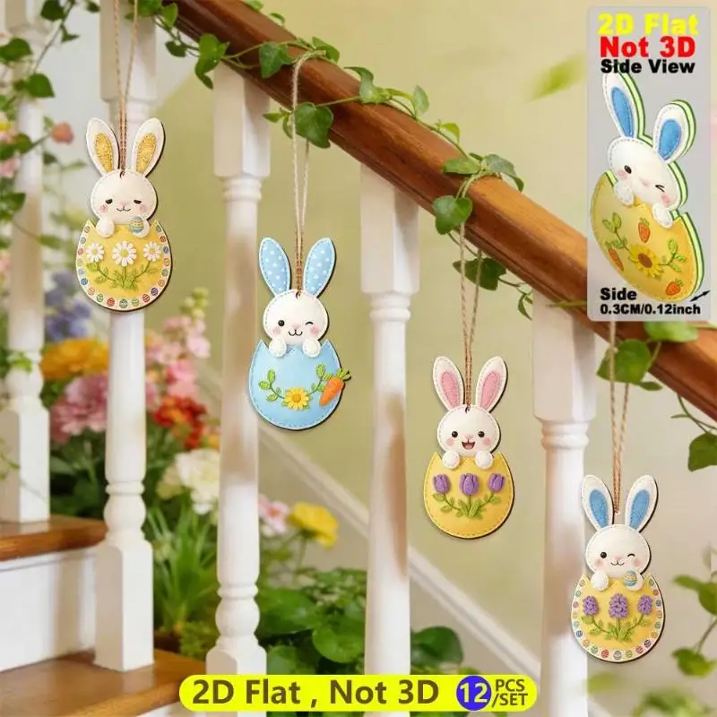 12/24Pcs Wooden Easter Rabbit Decorative Hanging Set 2D DIY Easter Rabbit Holiday Party Home Decoration Hanging Ornament