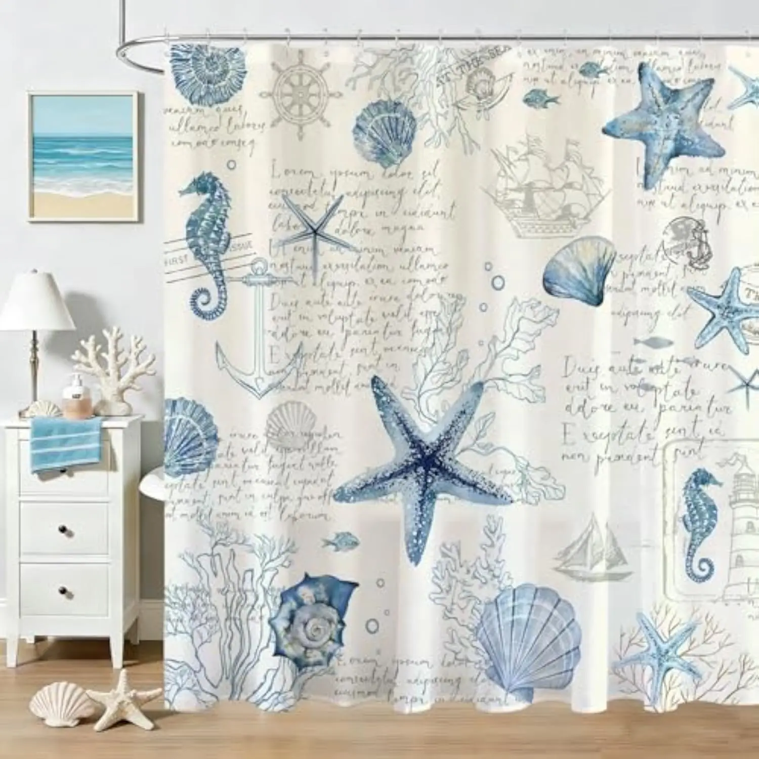 Nautical Coastal Shower Curtain Retro Ocean Seashell Starfish Coral Bathroom Shower Curtain Underwater Shower Curtains Bathtub