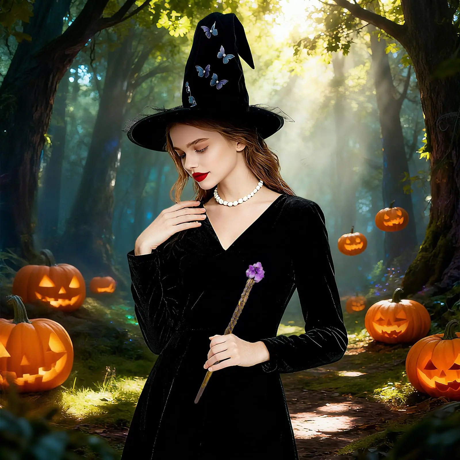 Chapeau de sorcière papillon, baguette de Cosplay, baguette de sorcière en cristal violet, une vigne, chapeau de magicien pointu pour Halloween, accessoires magiques