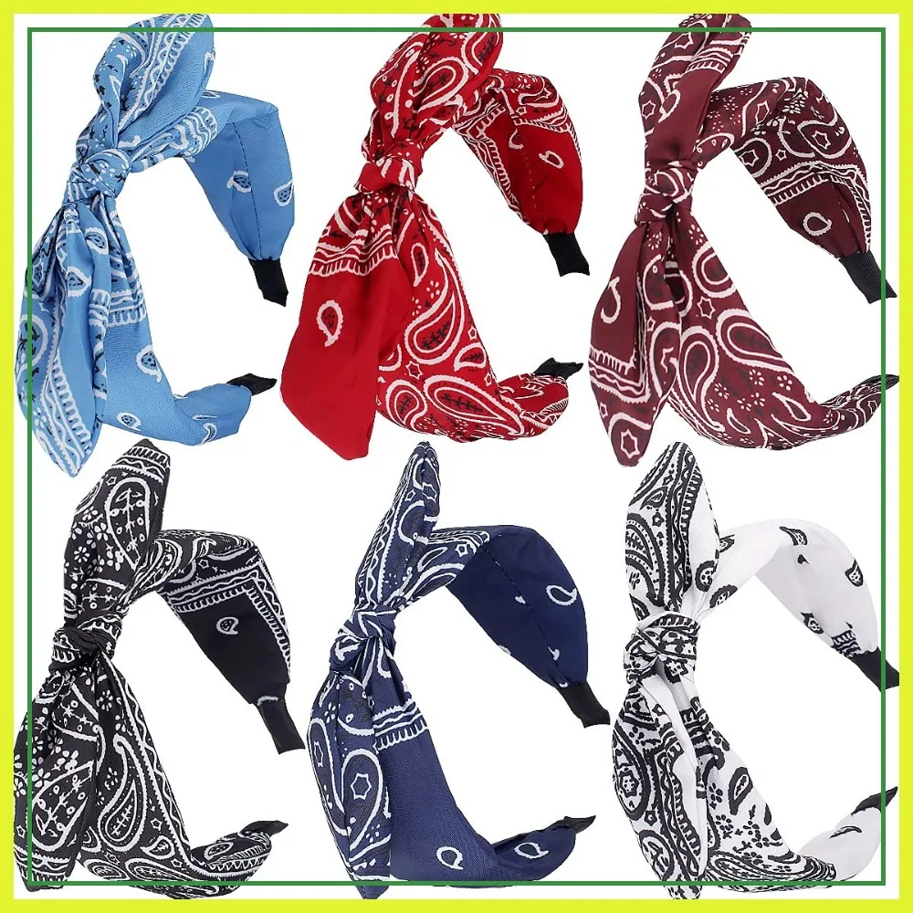 

6pcs Paisley Knotted Bow Headbands with Removable Rabbit Ears - Top Knot & Turban Styles for Women