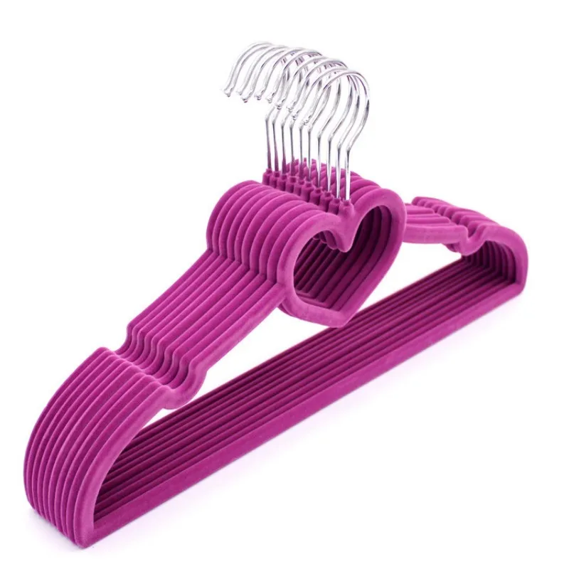 10PCS Export Flocked Plastic Hanger, Heart Shaped Non-slip Non-mark Garment Rack,Wet & Dry Multi-use Clothes Hanger for Wardrobe