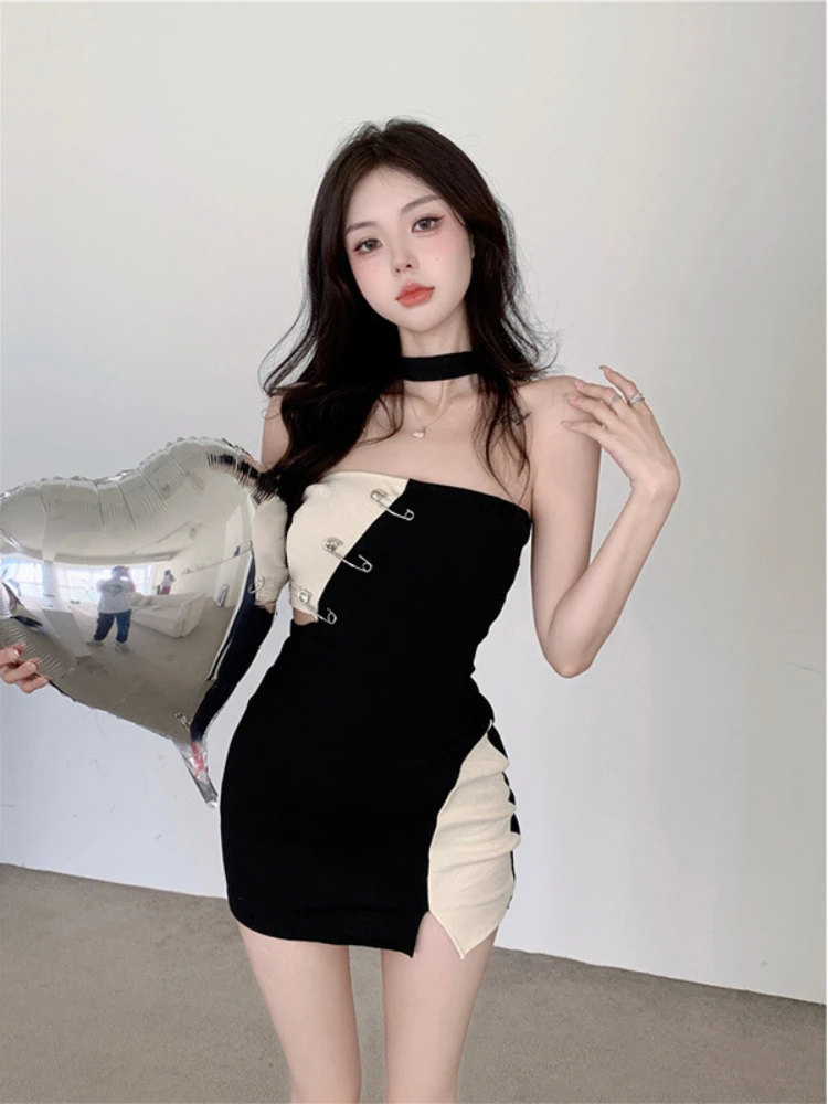 Sexy Dresses Wommen Summer Patchwork Side-slit Fashion Slim Abdomen Revealing Waist Design Slash Neck Hip-covering Stylish Fit