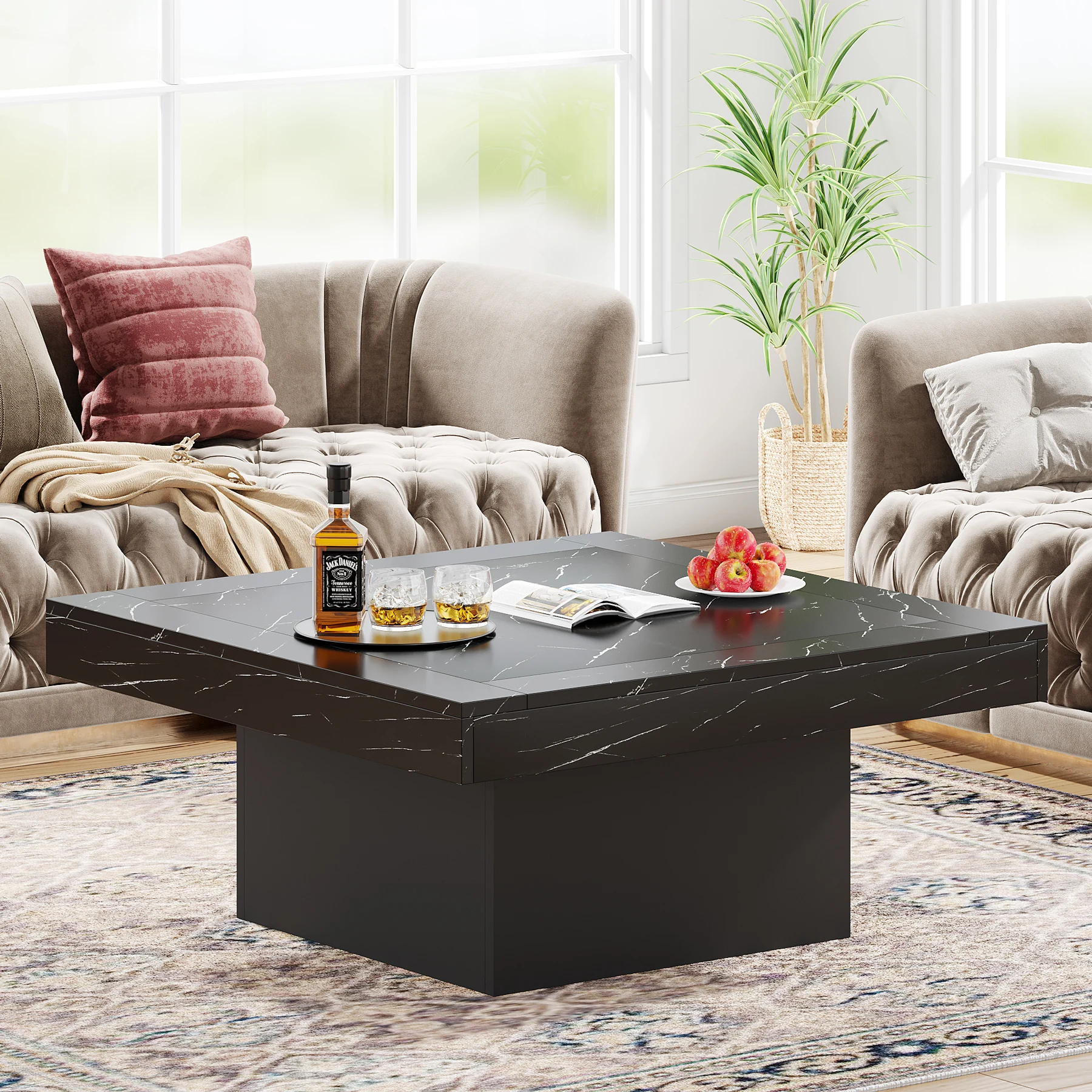 Tribesigns Square LED Coffee Table Grey and White Engineered Wood Coffee Table Low Coffee Table for Living Room