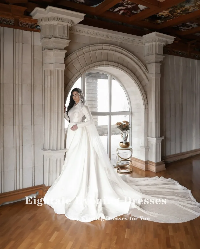 Eightale Abito da sposa arabo Personalizzato Bianco Avorio Scollo a V Perline Maniche lunghe Pizzo Abito da sposa in raso musulmano Robe De Mariée